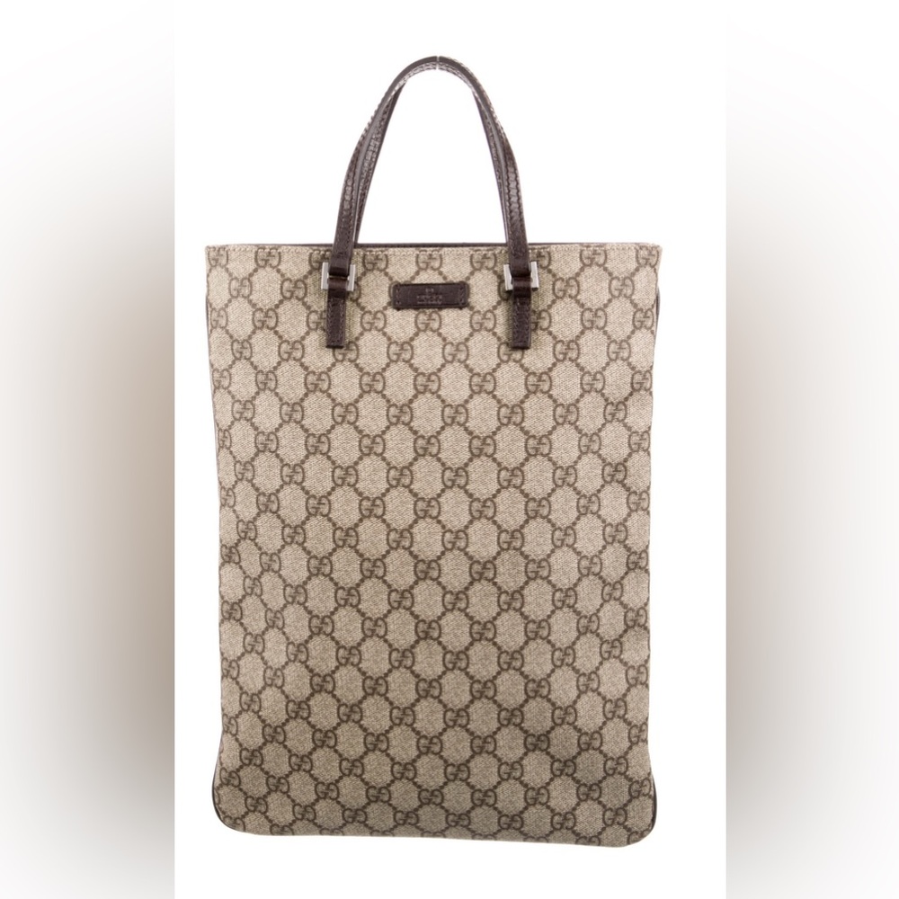 Gucci GG Plus Vertical Tote Beige/Brown Canvas with Leather Trim